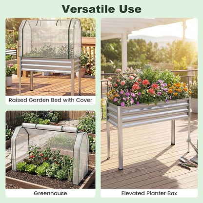 Giantex Raised Garden Bed with Legs & Greenhouse Cover, 44x22x60 Elevated Metal Planter Box with Roll-up Door, Outdoor Mini Greenhouse for Vegetable Flower Herb Patio Balcony (Silver,1)