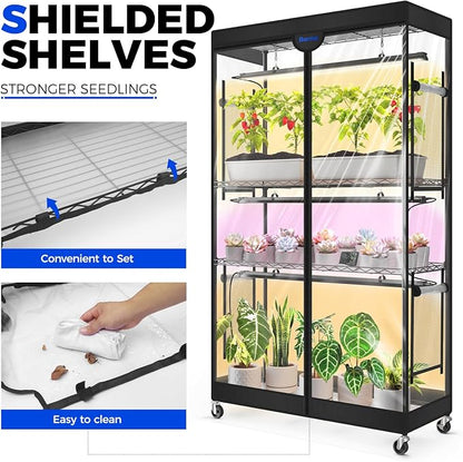 Barrina LP900 Mini Greenhouse with Grow Lights, 4-Tier Plant Stand with 135W TX-S45 3FT 3 Adjustable Full Spectrum Lights , Plant Shelf with Tent Timer & Thermometer for Seed 35.4 x 13.8 x 59.1IN