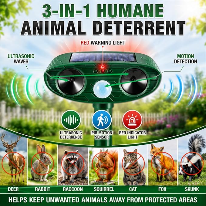 2 Pack Ultrasonic Deer Repellent Devices,Cat Deterrent Outdoor Solar Animal Repeller for Squirrel Racoon Rabbit Fox Skunk,IP65 Waterproof Motion Sensor Sonic Fortress Pro Animal Deterrent for Garden