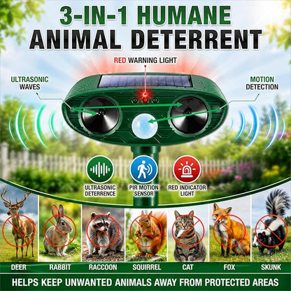 4 Pack Deer Repellent Devices,Cat Repellent Outdoor Solar Ultrasonic Animal Repeller for Squirrel Racoon Rabbit Fox Skunk,IP65 Waterproof Motion Sensor Sonic Fortress Pro Animal Deterrent for Garden