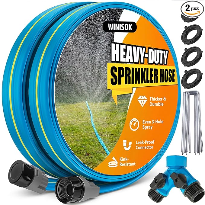 Winisok Upgrade Flat Sprinkler Soaker Hose for Garden, Heavy Duty 3-Tube Lawn Irrigation Hose with Landscape Stakes, No-Kink Flexible Watering Hose for Yard, Plants (50FT x 2Packs)