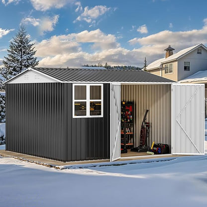 DWVO 10x10ft Large Tool Storage Shed with Window, Lockable Doors, and Sloped Roof, Oversized Steel Outdoor Storage Shed for Garden, Patio, Garage, Backyard, Lawn(Gray + White)