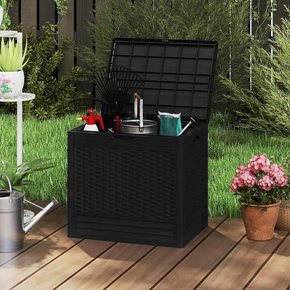 Tangkula 25 Gallon Outdoor Storage Box, Waterproof PP Resin Patio Storage Box with with Lockable Lid for Indoor & Outdoor Use, 2-in-1 Rattan Design Deck Box for Patio Cushions, Garden Tools