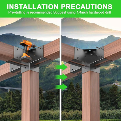 4-Way Pergola Brackets Kit for 4x4 Wood, 3.6 x 3.6 in, 2 Pack | Black-Coated Steel, 20 Hex Screws and Drill Bit Included for Gazebos, Patio Covers and Outdoor Kitchens