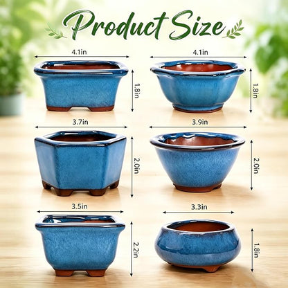 6 Pack Bonsai Pot Planter, 3" 4" Ceramic Glazed Succulent Pots | Small Succulent Planters with Drainage, for Indoor Outdoor Plants, Cactus, Flowers