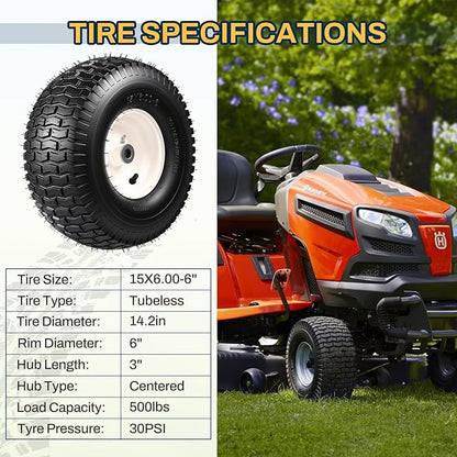 2PCS 15x6.00-6 Tire and Wheel Assembly, Replacement for John Deere Craftsman Husqvarna Riding Mowers, 4 Ply Tubeless Lawn Mower Tires 15x6x6, 500lbs Capacity, 3" Centered Hub, 3/4" Bushing
