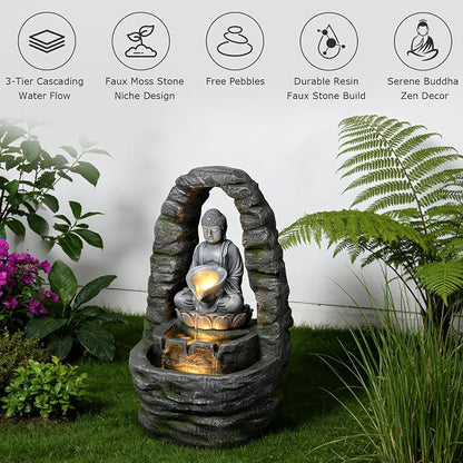 27.2" H Buddha Water Fountain Outdoor Zen Buddha Statue Outdoor Fountain with Lights, 3 Tier Waterfall Feature for Garden, Patio, Porch, Yard, Meditation Decor, Faux Stone Finish