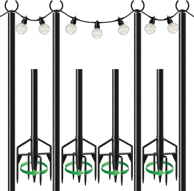 LAND·VOI String Light Poles 4 Pack, Heavy Duty Outdoor Light Poles with Upgraded 5‑Prong Base, Anti‑Bending Stable Design for Backyard Patio Garden Wedding Party Decoration