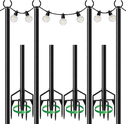 LAND·VOI String Light Poles 4 Pack, Heavy Duty Outdoor Light Poles with Upgraded 5‑Prong Base, Anti‑Bending Stable Design for Backyard Patio Garden Wedding Party Decoration