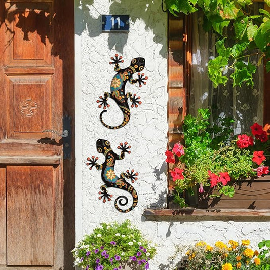 Metal Gecko Outdoor Decor -2 Pack Metal Gecko Wall Art Hanging Sculpture Decoration for Indoor or Outside, Garden Yard Fence Porch Wall Decorations