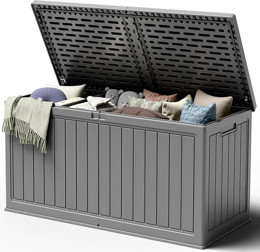 270 Gallon HDPE Deck Box Outdoor Indoor Waterproof Storage Box for Patio Furniture, Pool Accessories, Garden Tools, and Cushion Storage, Gray