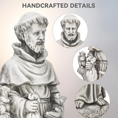 St Francis Garden Statue, 31" Large Catholic Outdoor Statues | Christian saint sculpture for prayer, meditation, and patio decor. Patron of animals, weather-resistant MGO stone.