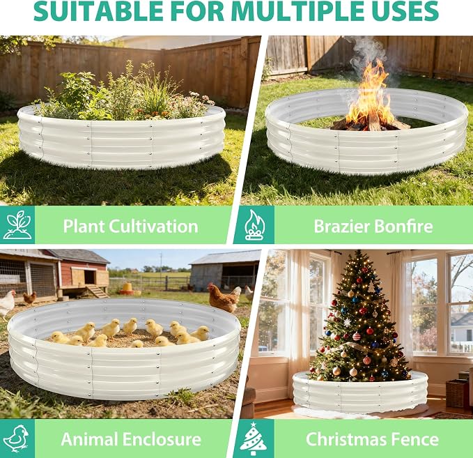 12 Inch Tall 72 Inch Diameter Round White Raised Garden Bed Kits Outdoor | 1 FT Tall,6 FT Planter Bed for Flowers,Herbs,Vegetables,Trees,0.8MM Thick Galvanized Metal Painted,with Gloves,Tool free