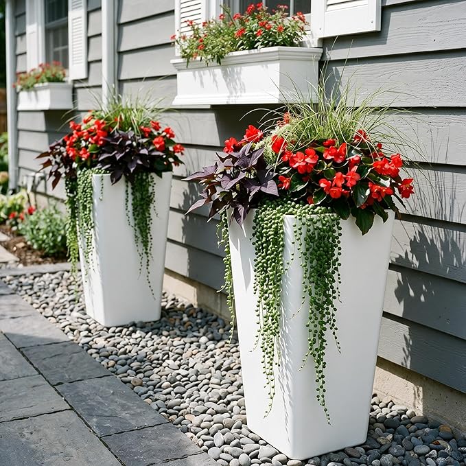 KOL Planters for Outdoor Plants, 28 Inch Tall White Flower Pots 2 Pack, Large Plastic Plant Pots with Drainage Hole and Dual-Purpose Tray, Decorative Indoor Planter for Front Porch Patio Garden