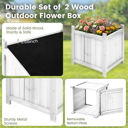 2-Pack 16" White Fir Wood Square Planter Boxes with Drainage Holes | Set of 2 whitewashed fir wood planters with removable bases, liners, and drainage holes for porch, patio, or garden