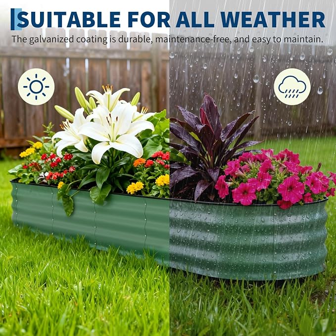 GarveeTech Oval Raised Garden Bed 8x2x1.5 ft - 0.6mm Thick Metal Raised Bed, Rust & Corrosion Resistant, Open Bottom for Drainage, Anti-Cut Strip Included, for Vegetables Flowers Planting, Green