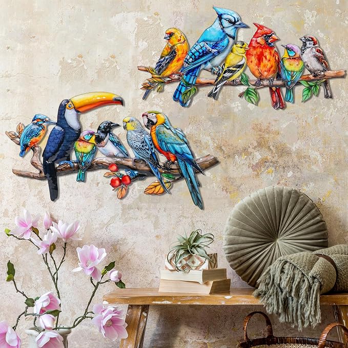YOADEHOA 2Pcs Metal Bird Outdoor Wall Art Decor, Hummingbird Wall Silhouette Art, Bird on Branch Wall Sculpture Hanging Indoor Outdoor for Yard Garden and Patio (Birds D)