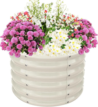 TBMLC 17" Tall Elevated Round Metal Rised Garden Bed- 2'x2' in Size and 0.8MM Thick Durable Planter Box for Vegetables Flowers Succulent at Patio/Garden Outdoor (White, 2FT Diameter)