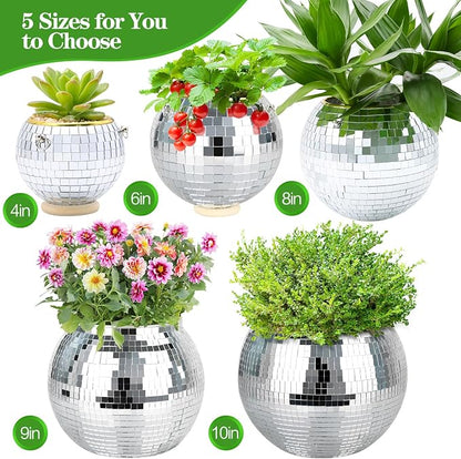 8" Silver Disco Ball Planter with Hanging Rope, Hanging Chain, Hook, Circle | for Decoration