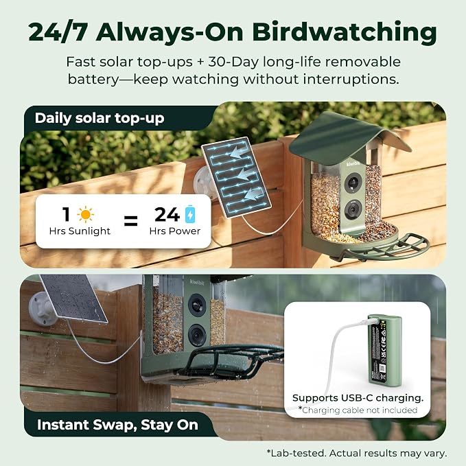 Kiwibit Smart Bird Feeder with 4K AI Camera Solar Powered | AI Identification Bird Species 10,000+, 4K Video Live Stream, 8MP Photos, Real-Time Bird Alert, Backyard Birdwatching Gift
