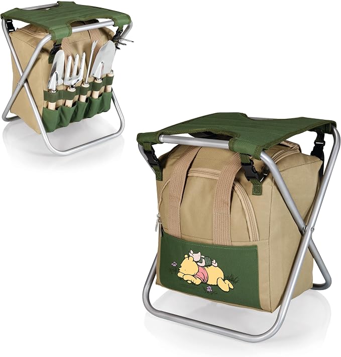 PICNIC TIME Disney Winnie the Pooh Gardener Folding Seat with Tools, Folding Garden Stool with Detachable Tote and Hand Tool Set Organizer, Portable Gardening Chair, (Olive Green with Beige Accents)