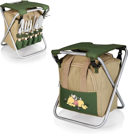 PICNIC TIME Disney Winnie the Pooh Gardener Folding Seat with Tools, Folding Garden Stool with Detachable Tote and Hand Tool Set Organizer, Portable Gardening Chair, (Olive Green with Beige Accents)