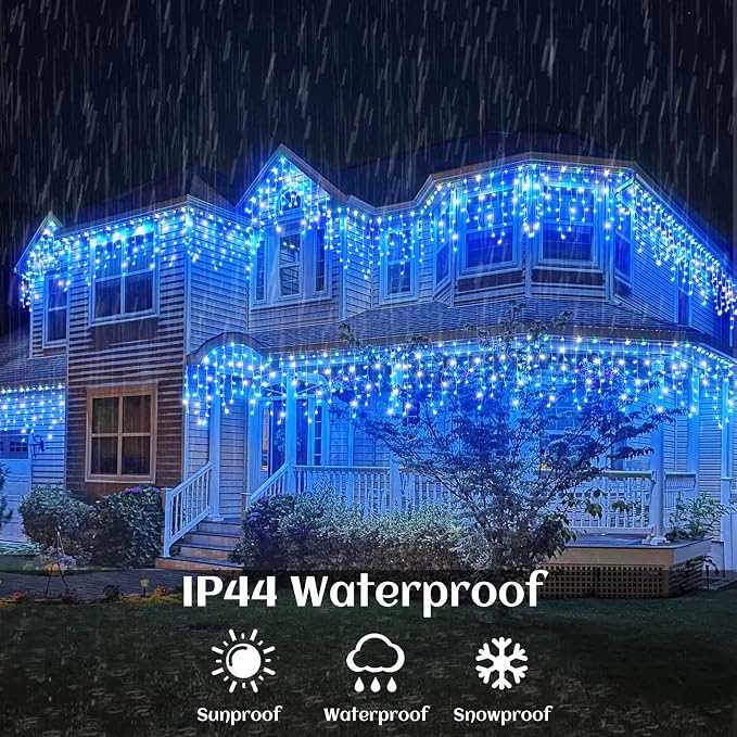 132ft Icicle Lights for Outside, Blue and White Christmas Lights Outdoor Indoor, 1280 LED Twinkle String Light with 240 Drops Curtain Light for Thanksgiving Room Home Wall Bedroom Window Decoration