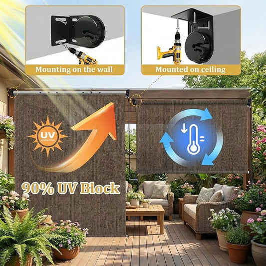 KANAGAWA Outdoor Roller Shade 12'X8' Mocha Exterior Cordless Patio Roll Up Shades for Outside Pergola Porch, Outdoor Blinds for Patio