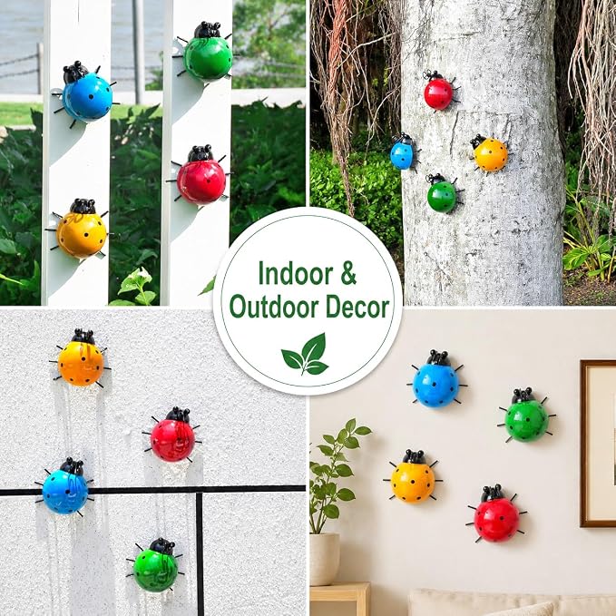 MACLARONX Metal Ladybugs Outdoor Yard Art Garden Fence Decor Set of 4 Cute Lady-Bugs Wall Sculptures Colorful 3D Ornaments for Backyard Balcony Patio