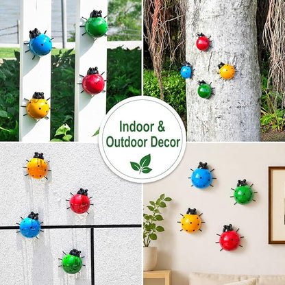 MACLARONX Metal Ladybugs Outdoor Yard Art Garden Fence Decor Set of 4 Cute Lady-Bugs Wall Sculptures Colorful 3D Ornaments for Backyard Balcony Patio