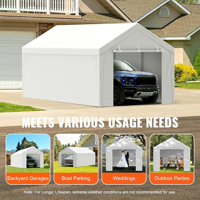 VEVOR Carport Replacement Canopy Top Cover + Sidewall 10 x 20 ft, Garage Tent Shelter Tarp Heavy-Duty Waterproof & UV Protected, Easy Installation with Ball Bungees,White (Frame Not Included)