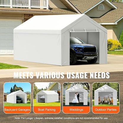 VEVOR Carport Replacement Canopy Top Cover + Sidewall 10 x 20 ft, Garage Tent Shelter Tarp Heavy-Duty Waterproof & UV Protected, Easy Installation with Ball Bungees,White (Frame Not Included)