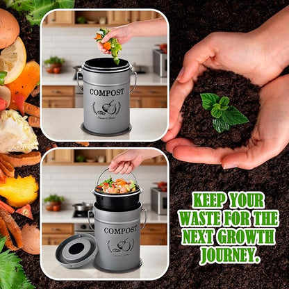 AOSION 1 Gallon Countertop Compost Bin for Kitchen with Lid,Odor Resistant | Farmhouse compost bin with charcoal filter,inner bucket and bags,easy kitchen food waste storage