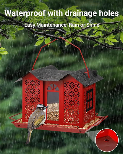 HouseSapp Bird Feeders for Outdoors, Metal Mesh Wild Bird Feeder with Triple Feeders for Finch Cardinal Chickadee, Large Capacity, Weatherproof and Durable, Red