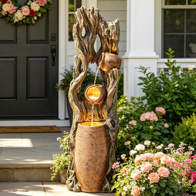 42.7" 3-Tier Outdoor Water Fountain LED Tree Trunk Jar Waterfall | vintage terra-cotta pots, patio backyard garden,Serene Relaxing Porch Decor
