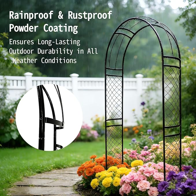 SCENDOR Metal Garden Arch with Lattice Side Panels 88.6" H x 50.8" W– Heavy-Duty Arbor for Climbing Roses, Vines, and Outdoor Patio, Lawn, Backyard, Wedding Decor (Black)