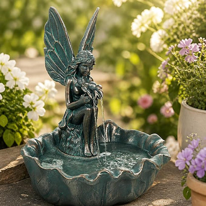 ZMG 14" Angel Fairy Outdoor Water Fall Fountain, Durable Resin Garden Fountain for Home Decor, Office, Gardens, Landscaping, Patios, Balconies, Bronze, Gift Ideas