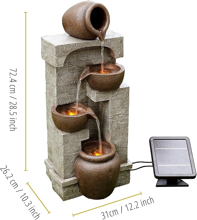 Teamson Home 28 in. Cascading Bowls and Stacked Stones LED Outdoor Water Fountain for Outdoor Living Spaces to Create a Calming Oasis in Gardens and Landscaping, on Patios, Balconies, Lawns, Brown | Outdoor Water Fountain, For Gardens and Landscaping, ...
