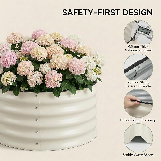 Sponvatt 3 Pcs Round Galvanized Raised Garden Bed Kit 24 x 12 Inch Metal Planter Box Outdoor with Safety Rubber Edge Trim Rust Proof Weather Resistant Circular Steel Garden Beds White 12 Inch Deep