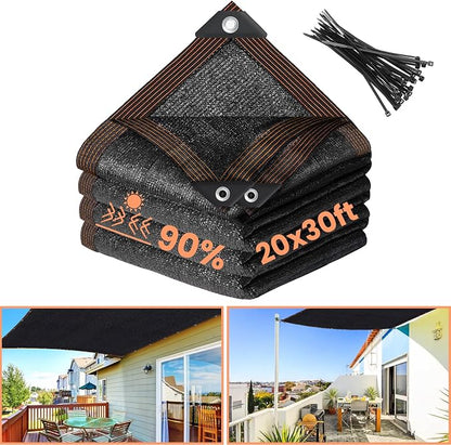 Riare 90% Black Shade Cloth- 20 x 30 FT Sunblock Garden Shade Cloth, Sun Shade Mesh Tarp with Reinforced Grommets for Greenhouse, Garden, Plants, Patio, Backyard, Pergola, Chicken Coop
