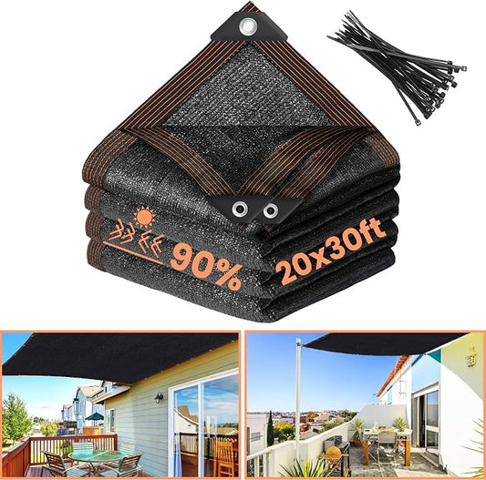 Riare 90% Black Shade Cloth- 20 x 30 FT Sunblock Garden Shade Cloth, Sun Shade Mesh Tarp with Reinforced Grommets for Greenhouse, Garden, Plants, Patio, Backyard, Pergola, Chicken Coop
