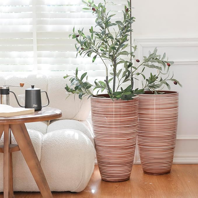 SUN-E Tall Planters for Outdoor Plants 2Pack, 21-Inch Large Striped Planter with Removable Insert Shelf,Ribbed Coffee&Milk Finish Tall Flower Pots for Front Porch Deck Boho Home Decor For Plant Lovers