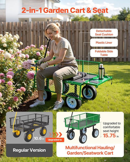 VEVOR 500 LBS Steel Garden Cart with Work Seat, Heavy Duty Garden Wagon Cart on Wheels, Outdoor Metal Utility Yard Wagon Gardening Stool with 10inch Flat Free Tires & Adjustable Handle, Green