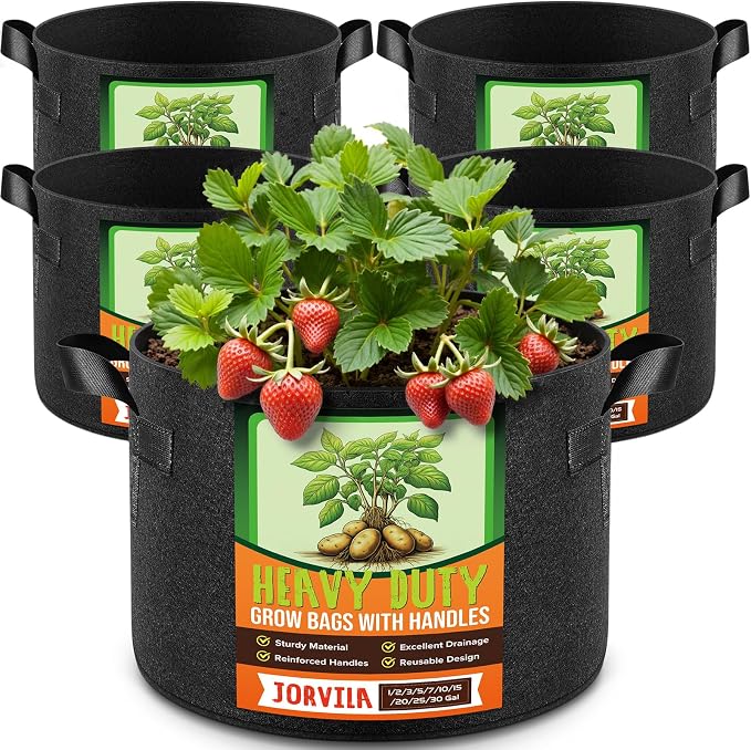Jorvila 5 Pack 2 Gallon Grow Bags, Thickened Nonwoven Fabric Planter Pots with Handles, Heavy Duty 300G Garden Pots for Tomato, Potato and Vegetable