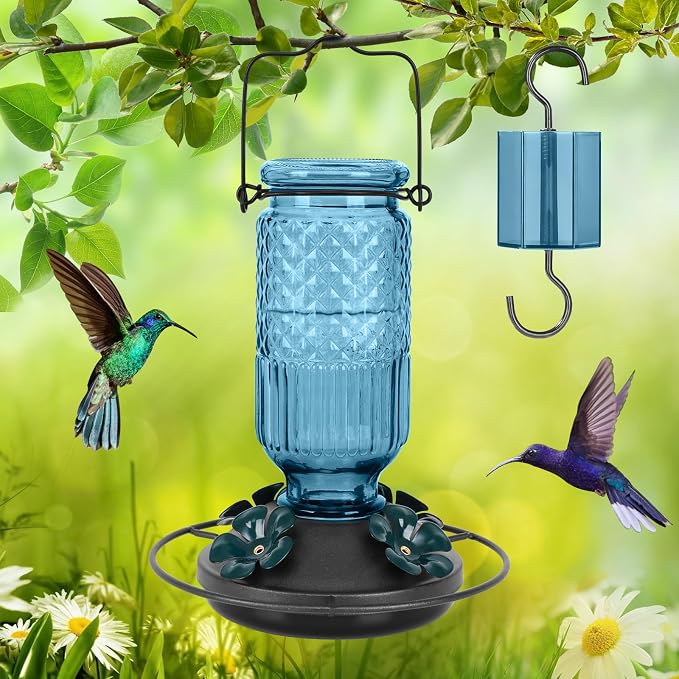 FEED GARDEN Glass Hummingbird Feeder for Outdoors Hanging, 16 oz Leak-Proof Nectar Feeder with Bee Guards & Ant Moat, 4 Metal Flower Feeding Ports, 360° Perch Ring, Easy Refill & Clean, Blue