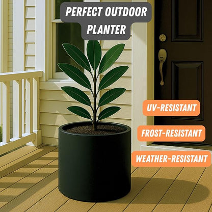 Fox & Fern Large Indoor Planter, Modern Large Plant Pot for Indoor or Outdoor, UV and Frost Resistant - 14.6 Inch, Matte Black Flower Pot with Drainage Plug, Lightweight