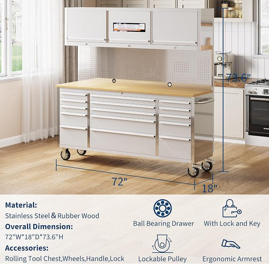 GAOMON 72 Inch Tool Chest, Tool Cabinet with 15 Drawers, Mobile Storage Cabinet with Locking System, Stainless Steel Material and Sturdy Structure, High Capacity for Home Workshop Kitchen and Garage.
