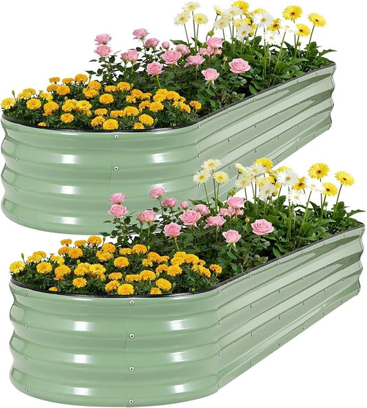 Galvanized Raised Garden Bed 2 Pack, 8x2x1ft Oval Metal Planter Box Outdoor with Support Rods & Corner Protection, Planter Beds for Vegetables, Fruits, Flowers (AvocadoGreen)