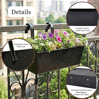 12" Balcony Railing Planters, Outdoor Hanging Planter for Fence, Stylish Metal Porch Deck Flower Pot for Herbs & Succulents (Rectangular-Black, Pack of 2)