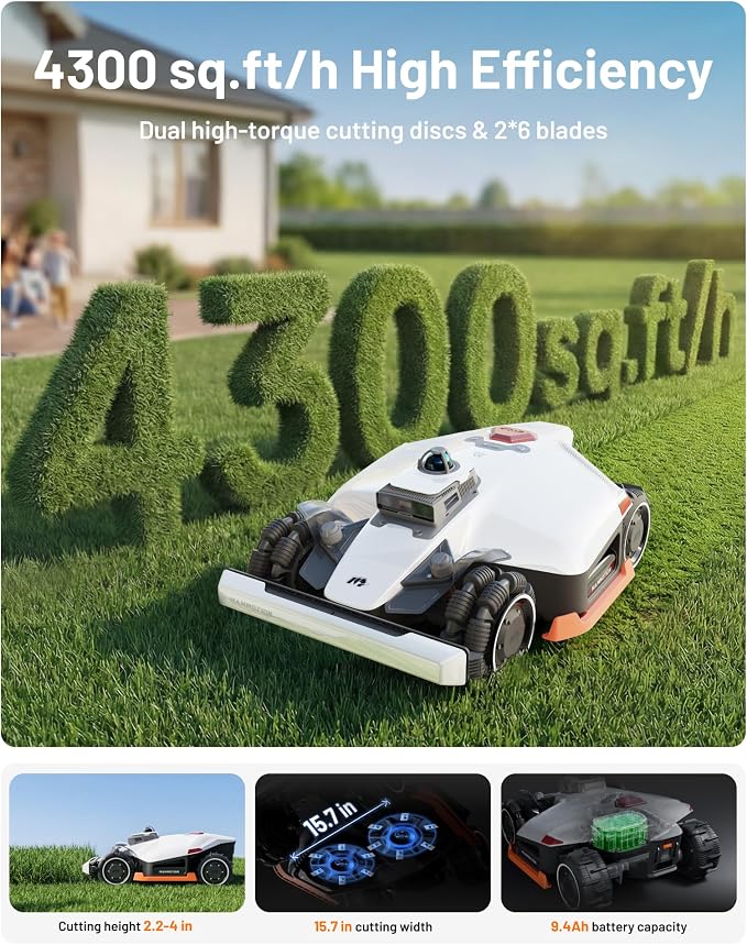 Mammotion LUBA 3 AWD 1500H Robot Lawn Mower with Garage (Ship Separately), 0.37 Acre, All-Wheel-Drive for 80% Slopes, 360° LiDAR+Dual-Camera AI Vision, 15 Multi-Zone Management, 2.2"-4.0" Cut Height